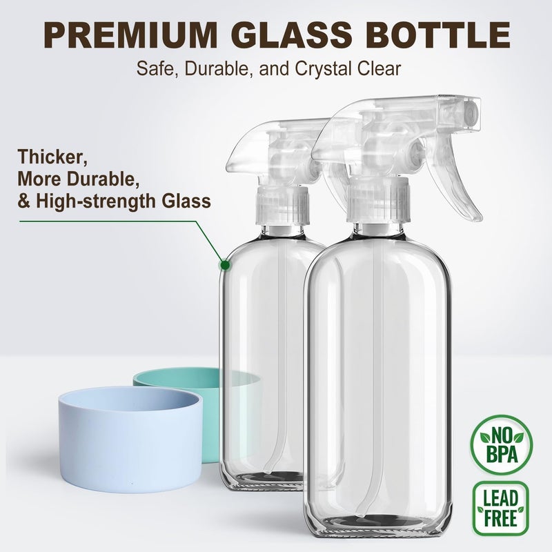 Bealee Glass Spray Bottles with Silicone Sleeves (2 Pack, 16 oz), Mist and Stream Empty Refillable Containers, Water Sprayer Misting Bottle for Cleaning Solutions, Planting, Hair Spraying, Green & Grey - Image 4